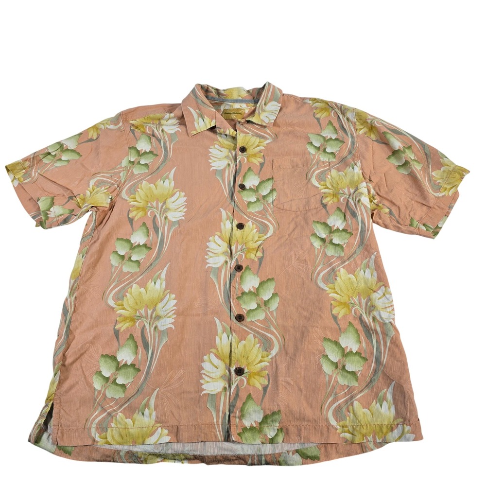 Tommy Bahama Mens Silk Floral Print Short Sleeve Button Up Shirt L G Peach